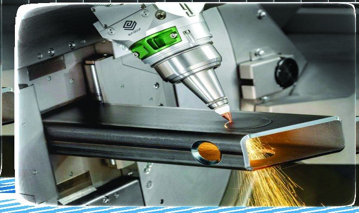 Fiber laser cutting a metal tube, sparks flying from the cut